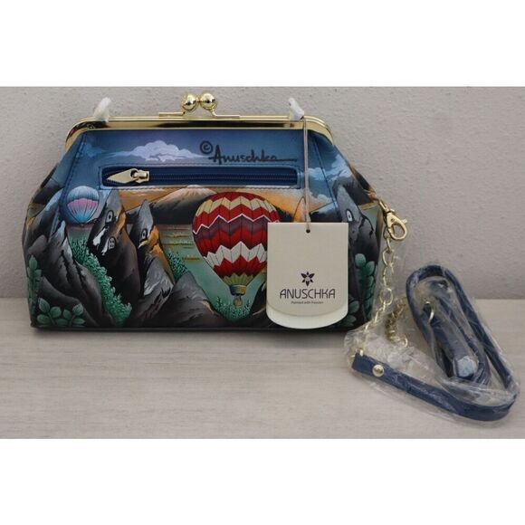 Anuschka Hot Air Balloon Hand-Painted Leather Kiss Lock Clutch Crossbody Bag - Picture 2 of 11